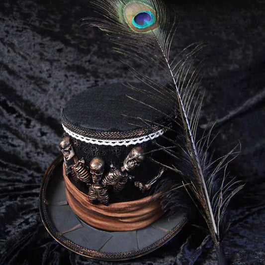 Sombrero Steampunk de Calavera y Plumas de Pavo Real - Estilo Pirata Vintage
