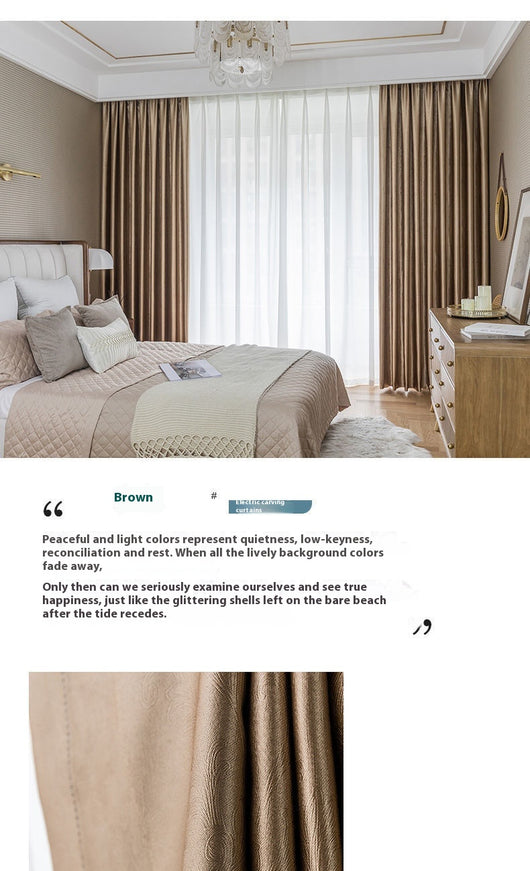 Brown thickened shading curtain with an electric carving floral texture, partially drawn in a bedroom setting. - Image 20