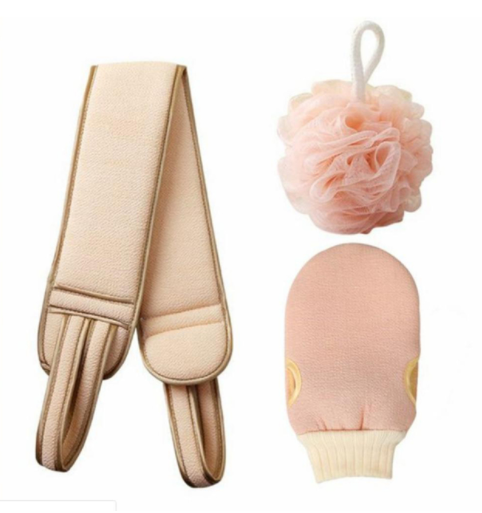 Set de Baño 3 en 1: Toalla Exfoliante con Banda Trasera y Esponja de Masaje