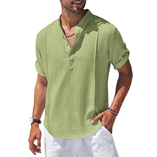 Camisa Lino Henley Hombre Manga Corta Casual Playa Verano
