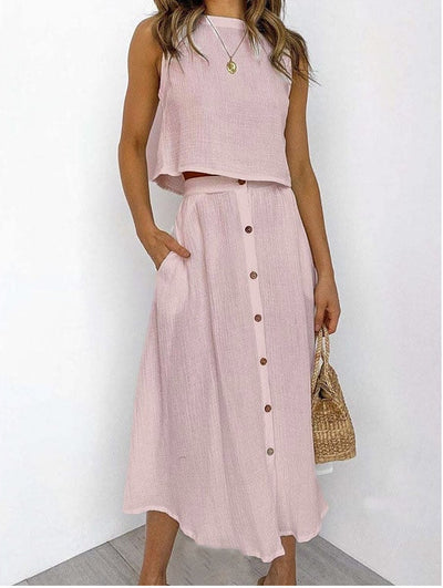 Conjunto de Dos Piezas: Chaleco y Vestido Midi Cuello Redondo Elegante - Image 4