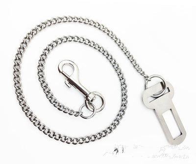 Stainless steel pet safety chain with a swivel snap hook and a seatbelt buckle attachment on a white background. - Image 5