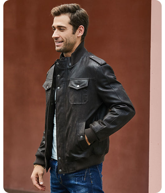 Chaqueta de Piel de Cerdo y Algodón con Cuello de Pie y Múltiples Bolsillos - Image 11