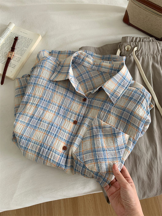 Camisa Cuadriculada de Algodón Retro Lavado Artístico para Mujer - Image 3