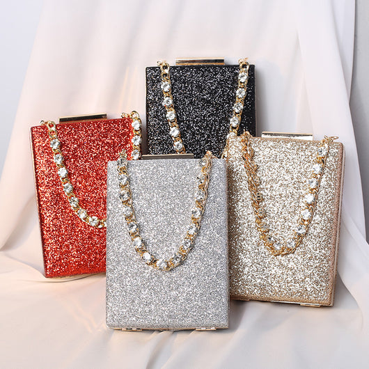 Bolso de Noche Cuadrado Pequeño con Cadena de Cristales Brillantes - Image 6