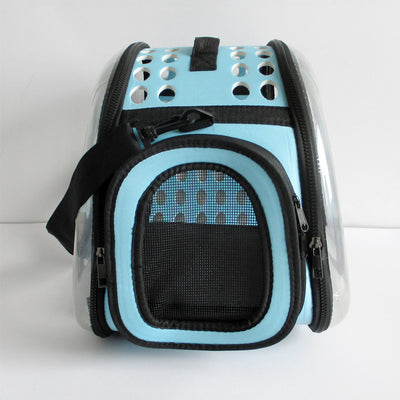 Gray and black pet carrier with a clear bubble window featuring paw prints and a mesh side for ventilation. - Image 13