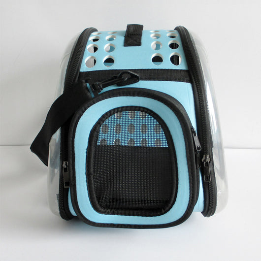 Gray and black pet carrier with a clear bubble window featuring paw prints and a mesh side for ventilation. - Image 13