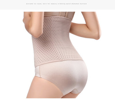 Beige ladies' postpartum tummy tuck body shaper with multiple hook-and-eye closures and a perforated design. - Image 2