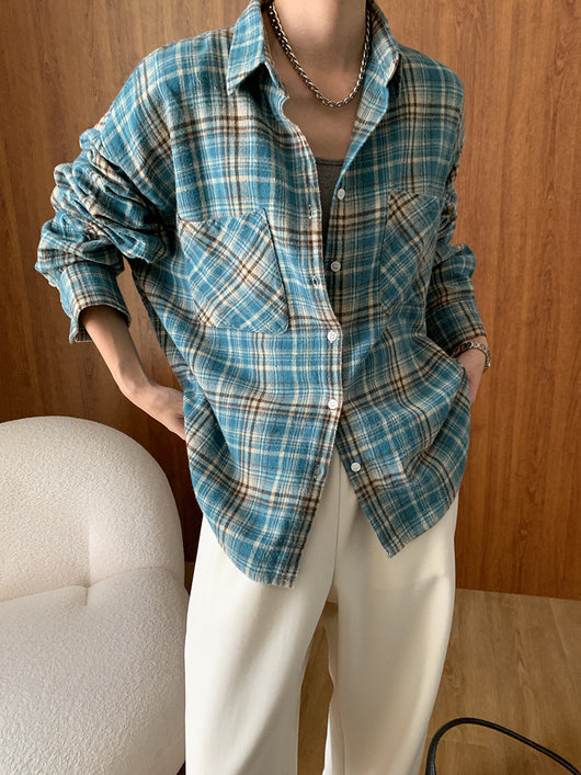 Camisa de Algodón Peinado Estilo Vintage a Cuadros Manga Larga - Image 14