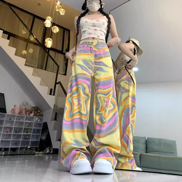 Pantalones Vaqueros Florados Anchos Cintura Alta XINGX
