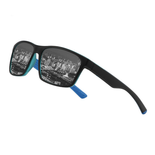 Black and blue polarized sports sunglasses with rectangular frames and blue mirrored lenses reflecting snowy mountains. - Image 7