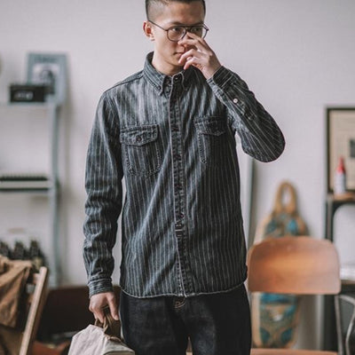 Camisa Denim Vintage a Rayas Verticales Manga Larga para Hombre - Image 13
