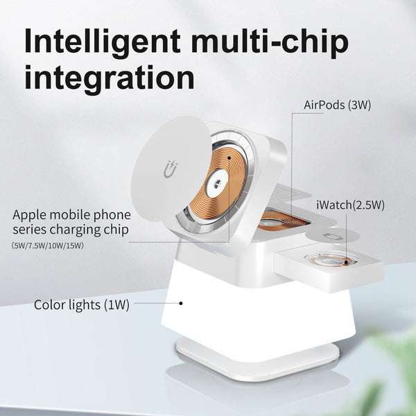 Cargador Inalámbrico Magnético Rotatorio 4 en 1 con Luz LED para iPhone 15, 14, 13, 12 Pro Max