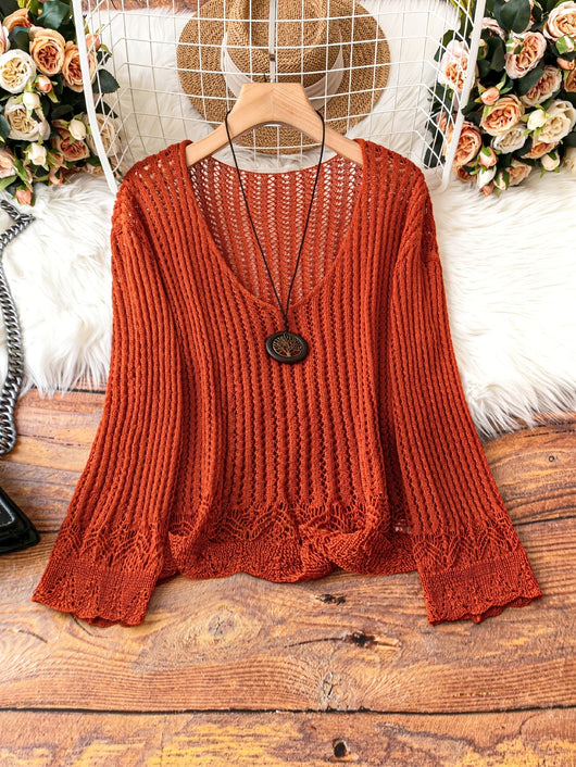 Suéter Calado Talla Grande para Mujer - Manga Larga Tejida Cuello V - Image 11