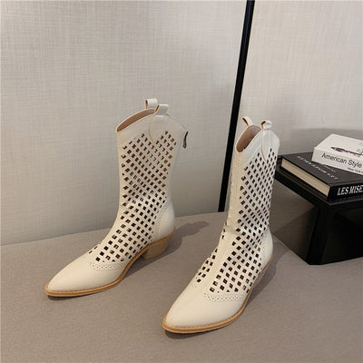 Botas Vaqueras Puntiadas para Mujer con Tacón Grueso y Red Calada - Image 3
