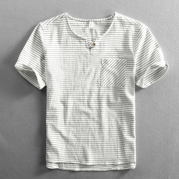 Camiseta Hombre Algodón Rayas Cuello Abierto Manga Corta Suelta Casual - Image 6