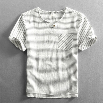 Camiseta Hombre Algodón Rayas Cuello Abierto Manga Corta Suelta Casual - Image 6