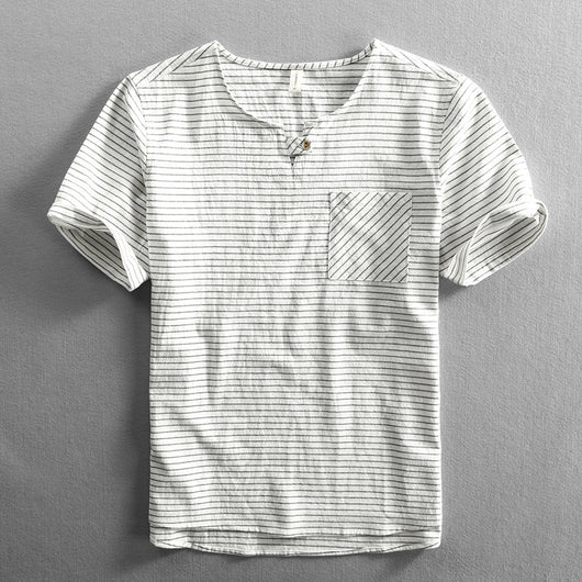 Camiseta Hombre Algodón Rayas Cuello Abierto Manga Corta Suelta Casual - Image 6