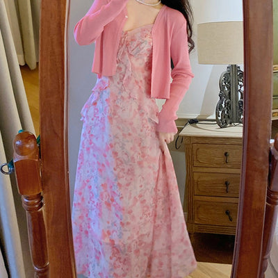 Conjunto de Dos Piezas Vestido Halter Floral Rosa