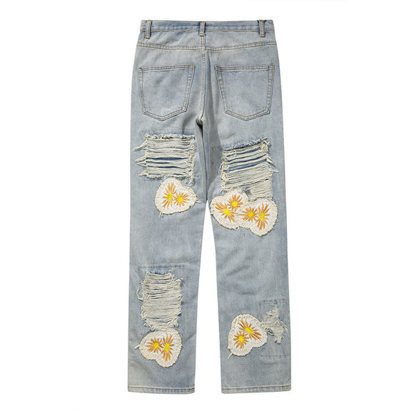 Jeans de Mezclilla con Parches Margarita Bordados Estilo Street