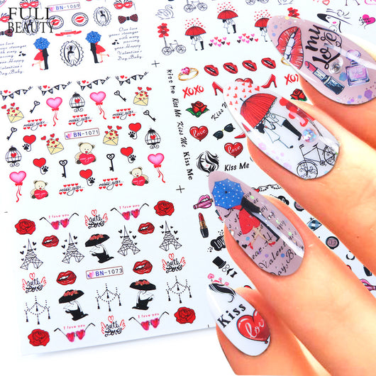 Set de Stickers de Uñas Adhesivas Diseño Osito Amor, Labios Rojos y Marca de Agua - Image 9
