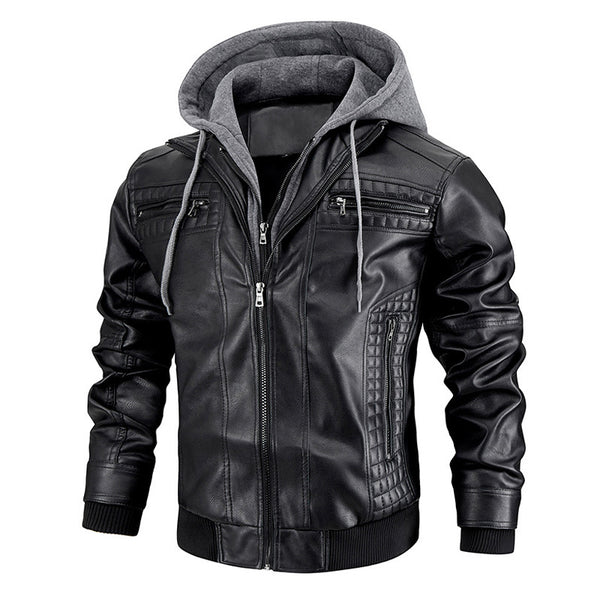 Chaqueta de Cuero PU con Capucha y Bolsillos con Cierre para Hombre