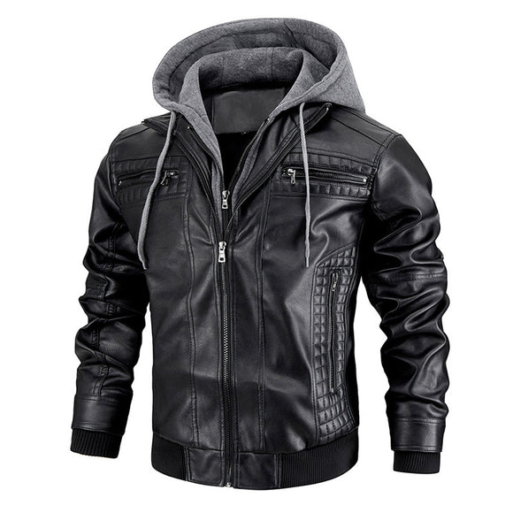 Chaqueta de Cuero PU con Capucha y Bolsillos con Cierre para Hombre