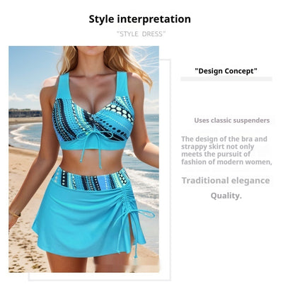 Mint green halter bikini top and swim skirt set with black and white polka dot pattern, modeled on a beach. - Image 16