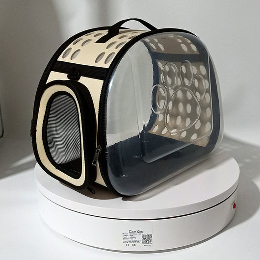 Gray and black pet carrier with a clear bubble window featuring paw prints and a mesh side for ventilation. - Image 24