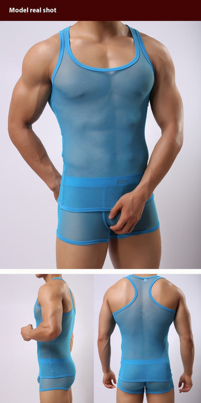 Conjunto Deportivo Mesh Transparente para Hombre - Shorts y Playera con Cortes - Image 18