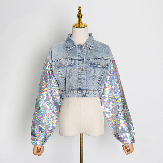 Chaqueta Denim Patchwork con Lentejuelas para Mujer - Estilo Urbano Elegante