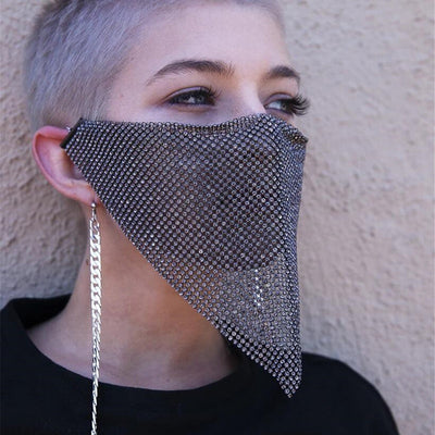 Gold rhinestone mask made of metal mesh, covering the face from the eyes to below the chin, displayed on a white mannequin head. - Image 22