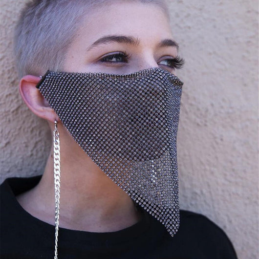 Gold rhinestone mask made of metal mesh, covering the face from the eyes to below the chin, displayed on a white mannequin head. - Image 22