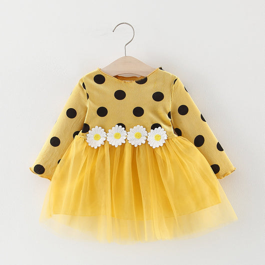 Vestido Princesa Niña Manga Larga con Lunares y Malla Floral - Image 8