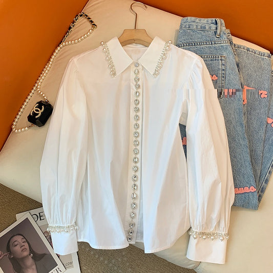 Camisa Manga Larga Estilo Clásico con Detalles de Cuentas para Mujer