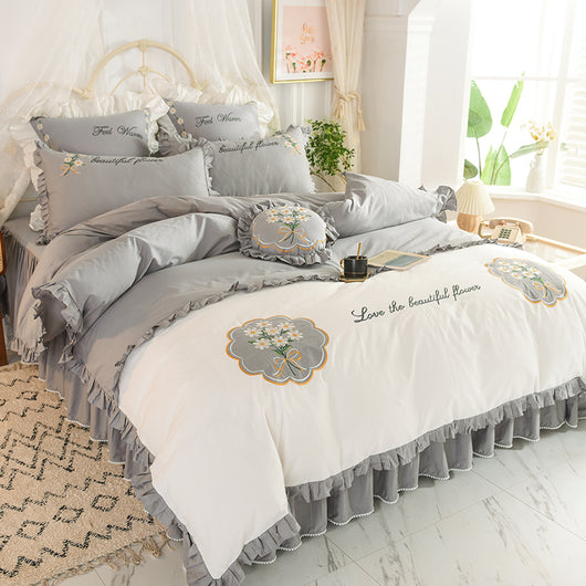Juego de Cama Infantil de 4 Piezas en Algodón con Volantes y Bordado de Flores - Image 6