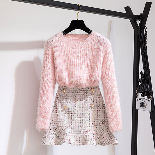 Conjunto de Falda y Suéter Decorado con Perlas
