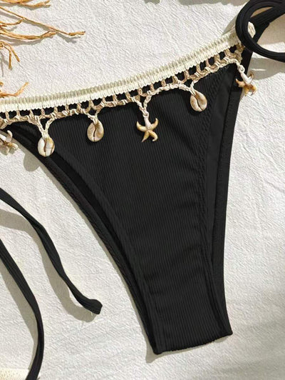 Light pink ribbed halterneck bikini with triangle cups and tie-side bottom, adorned with shell and starfish charms. - Image 19
