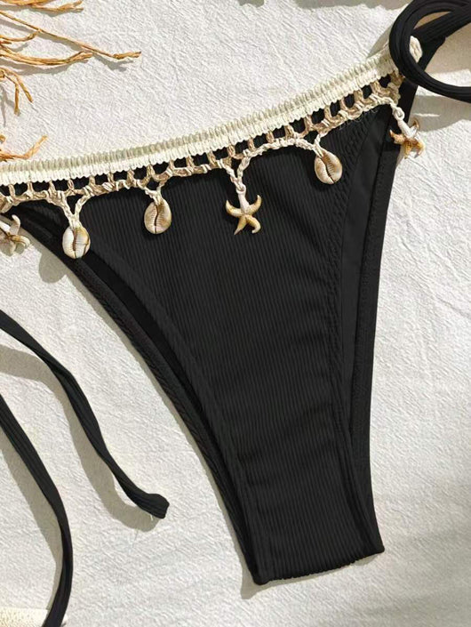 Light pink ribbed halterneck bikini with triangle cups and tie-side bottom, adorned with shell and starfish charms. - Image 19