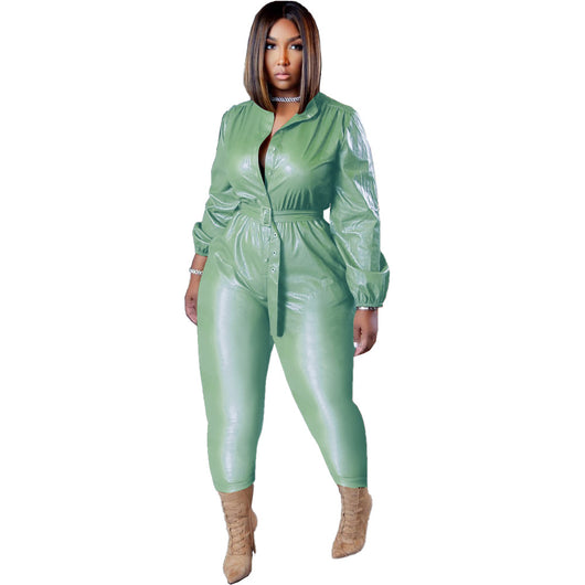 Jumpsuit de Cuero para Mujer con Cinturón de Botones - Image 2