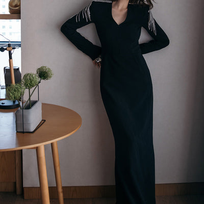 Vestido de Noche Negro Ajustado de Manga Larga