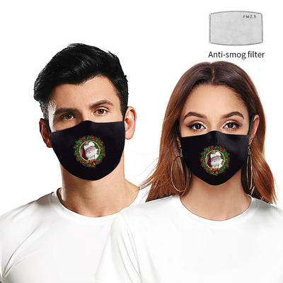 Black adult dust mask with a Christmas wreath design featuring Santa Claus in the center. - Image 14