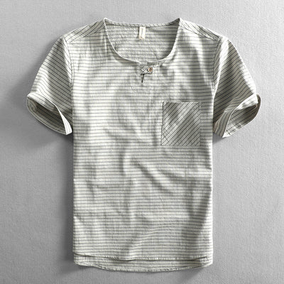 Camiseta Hombre Algodón Rayas Cuello Abierto Manga Corta Suelta Casual - Image 8