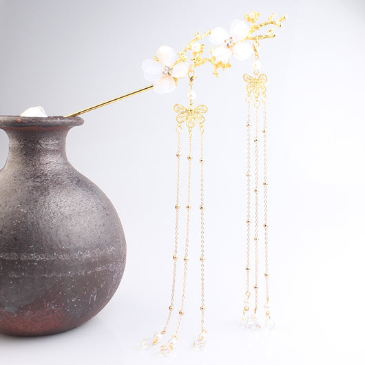 Horquilla Hanfu Flor de Cerezo Estilo Antiguo con Borla y Cristales Blancos - Image 4