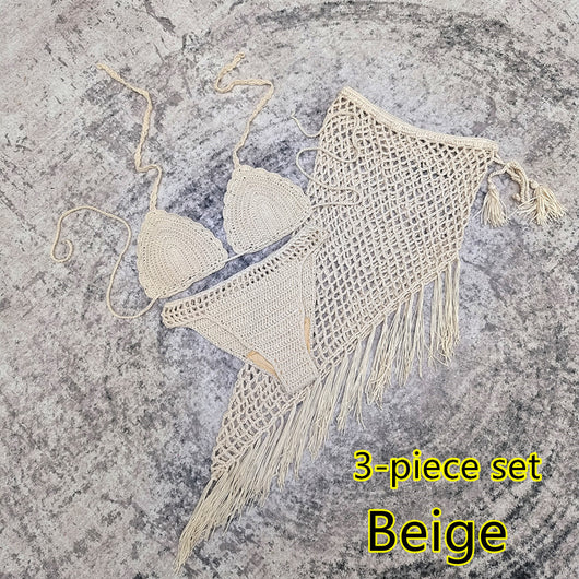 White 3-piece handmade crochet bikini set with triangle top, high-cut bottoms, and fringed mesh beach skirt. - Image 32