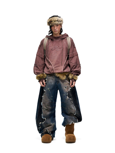 Sudadera con Capucha Desgastada de Estructura Dividida y Teñido Fracturado para Hombre - Image 14
