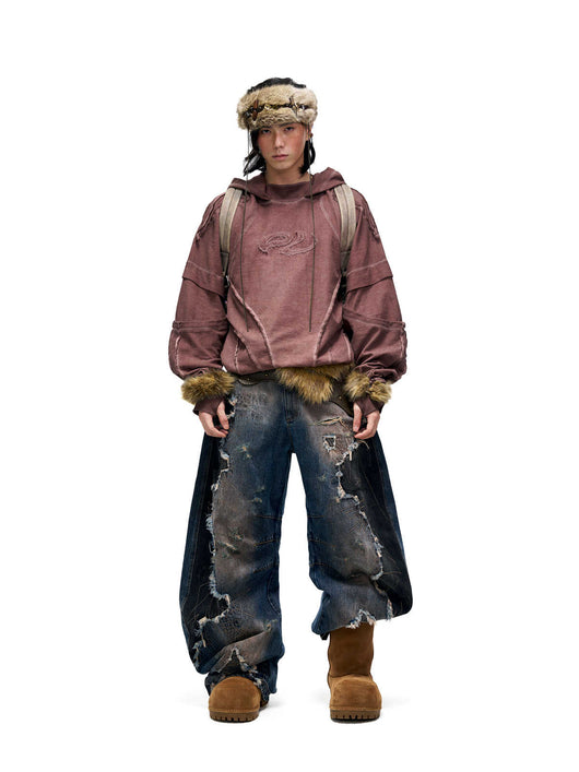 Sudadera con Capucha Desgastada de Estructura Dividida y Teñido Fracturado para Hombre - Image 14
