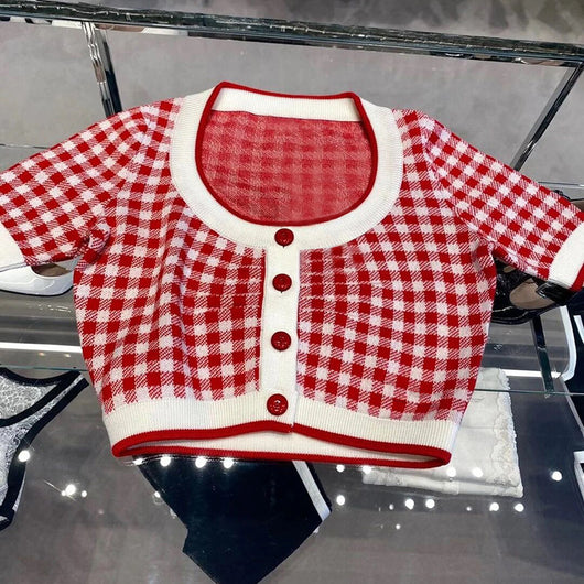 Cardigan de Punto Cuadros Rojo y Blanco con Contraste - Image 3