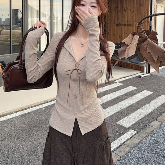 Blusa Elegante Francesa Cuello V Manga Larga Ajustada con Botones