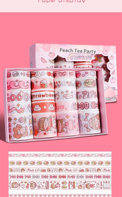 Set of 20 rolls of cute cartoon washi tape in a pink 'Peach Tea Talk' gift box, featuring peach, strawberry, and bear designs. - Image 18